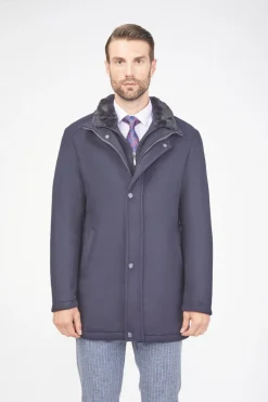 Pierre Carlos Mens Solid Navy Blue Wool Cashmere Blend 3/4 Length Overcoat