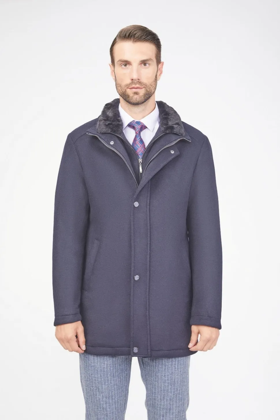 Pierre Carlos Mens Solid Navy Blue Wool Cashmere Blend 3/4 Length Overcoat
