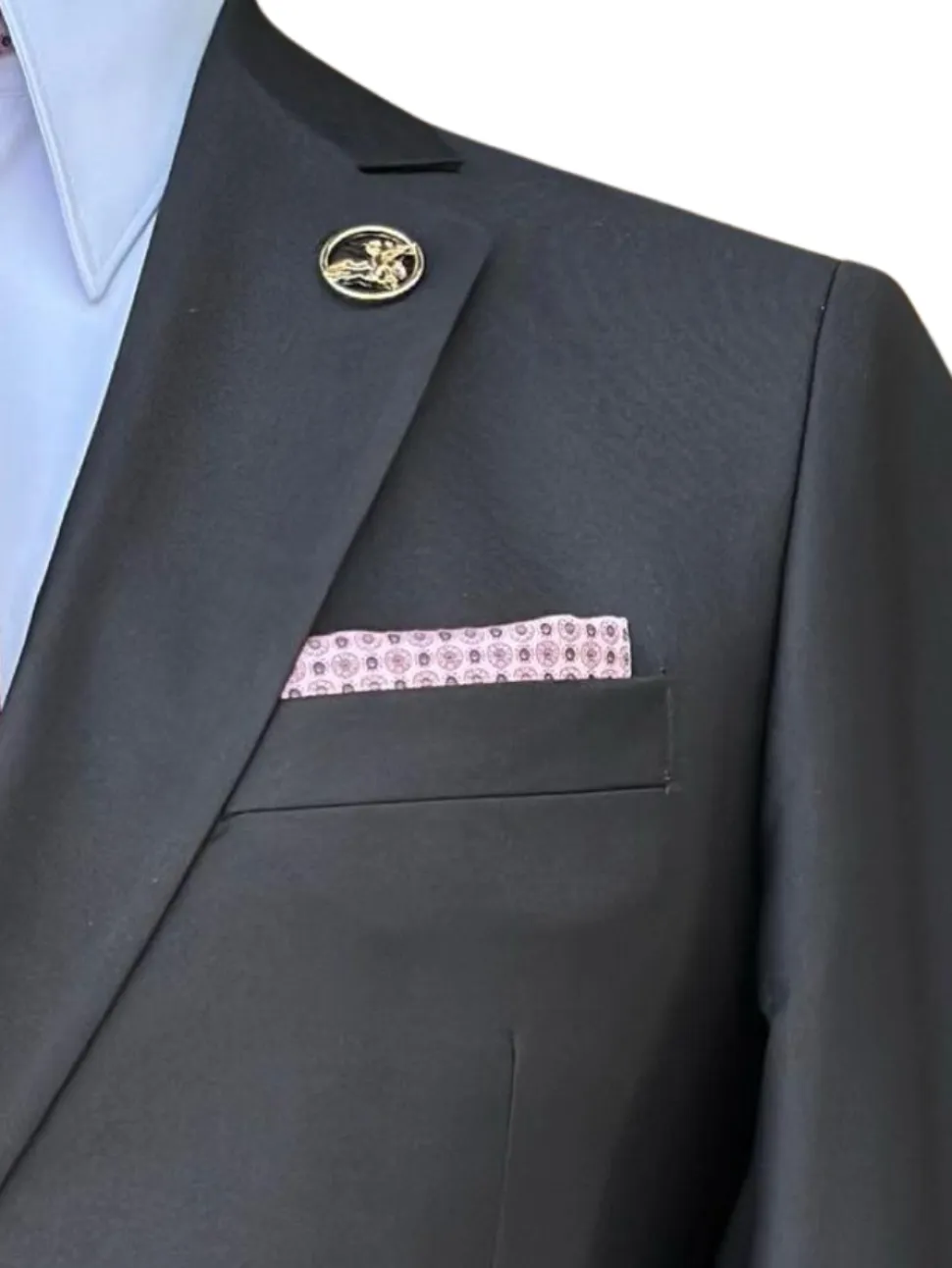 Pierre Carlos Solid Black Slim Fit Double Breasted Stretch Suit with Buckle Closure