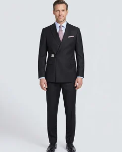 Pierre Carlos Solid Black Slim Fit Double Breasted Stretch Suit with Buckle Closure