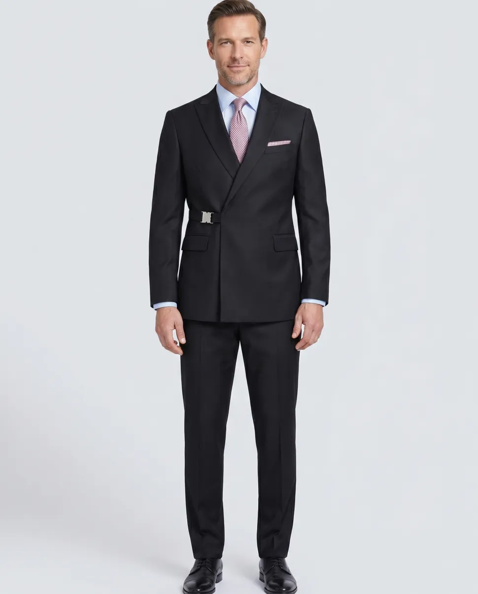 Pierre Carlos Solid Black Slim Fit Double Breasted Stretch Suit with Buckle Closure