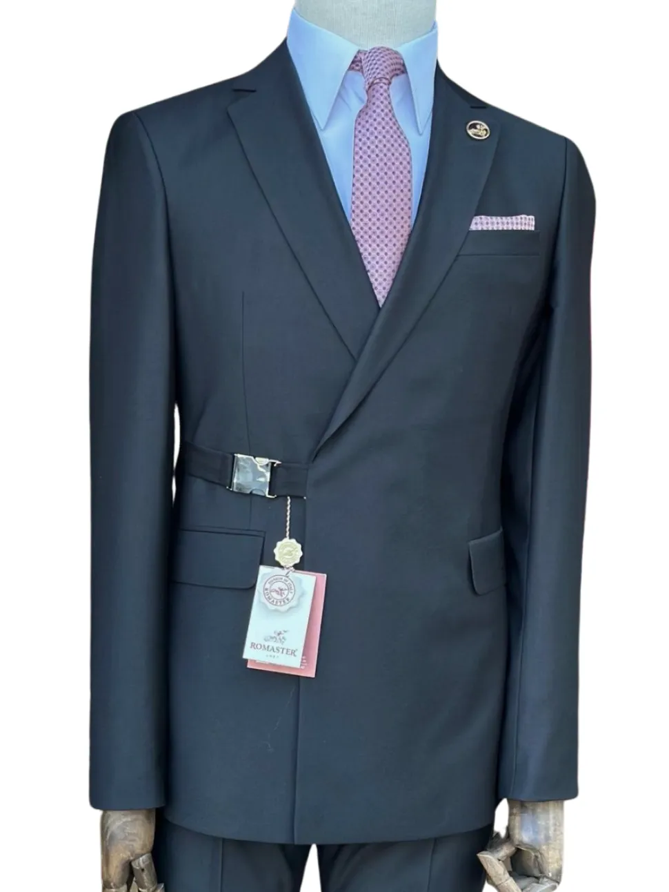 Pierre Carlos Solid Black Slim Fit Double Breasted Stretch Suit with Buckle Closure