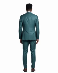 Pierre Carlos Solid Green Slim Fit Double Breasted Stretch Suit with Buckle Closure