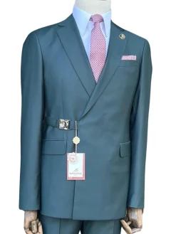 Pierre Carlos Solid Green Slim Fit Double Breasted Stretch Suit with Buckle Closure