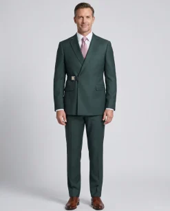 Pierre Carlos Solid Green Slim Fit Double Breasted Stretch Suit with Buckle Closure