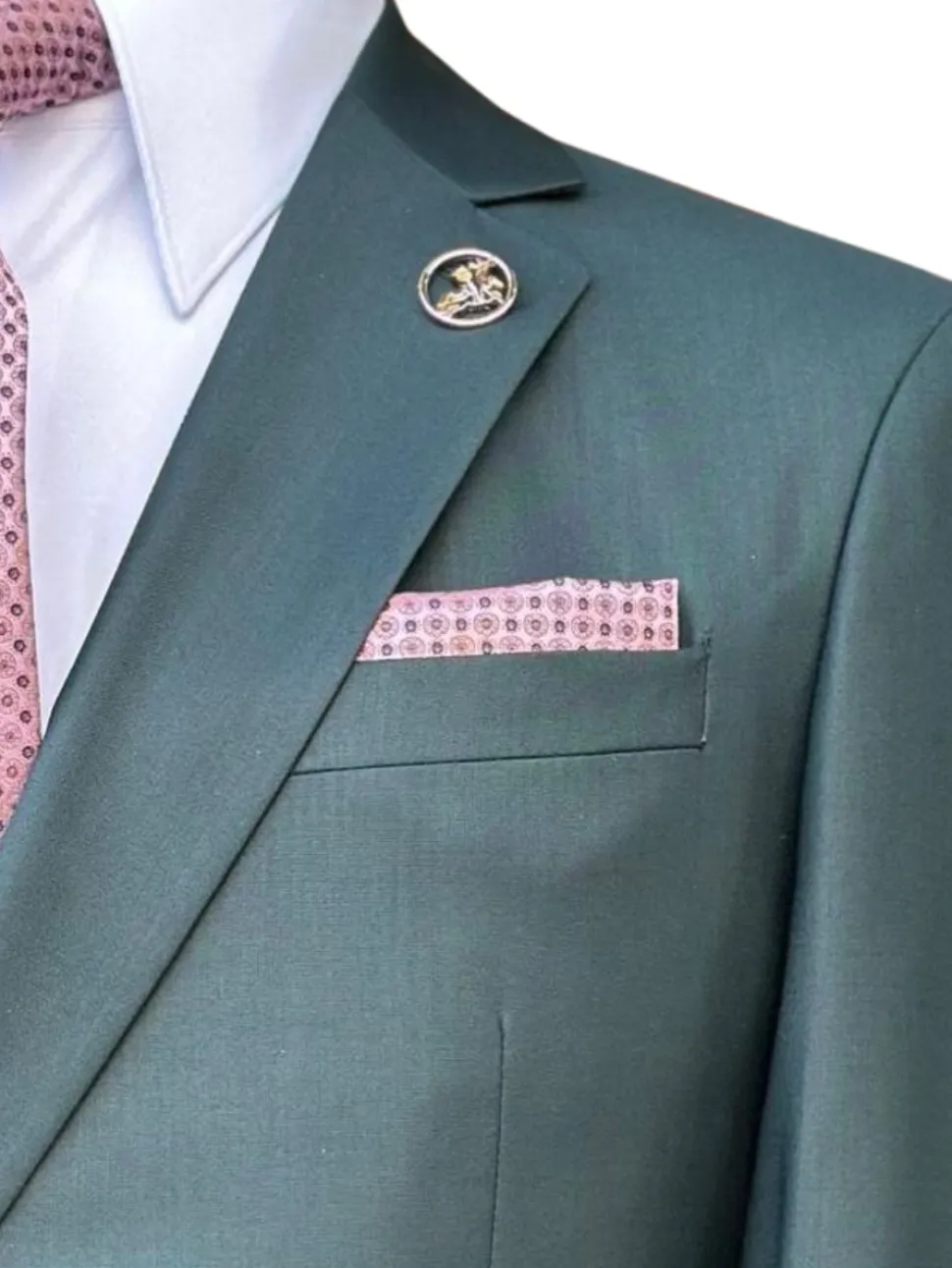 Pierre Carlos Solid Green Slim Fit Double Breasted Stretch Suit with Buckle Closure