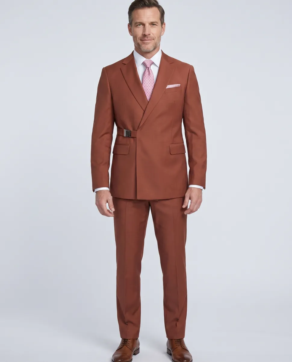 Pierre Carlos Solid Rust Slim Fit Double Breasted Stretch Suit with Buckle Closure