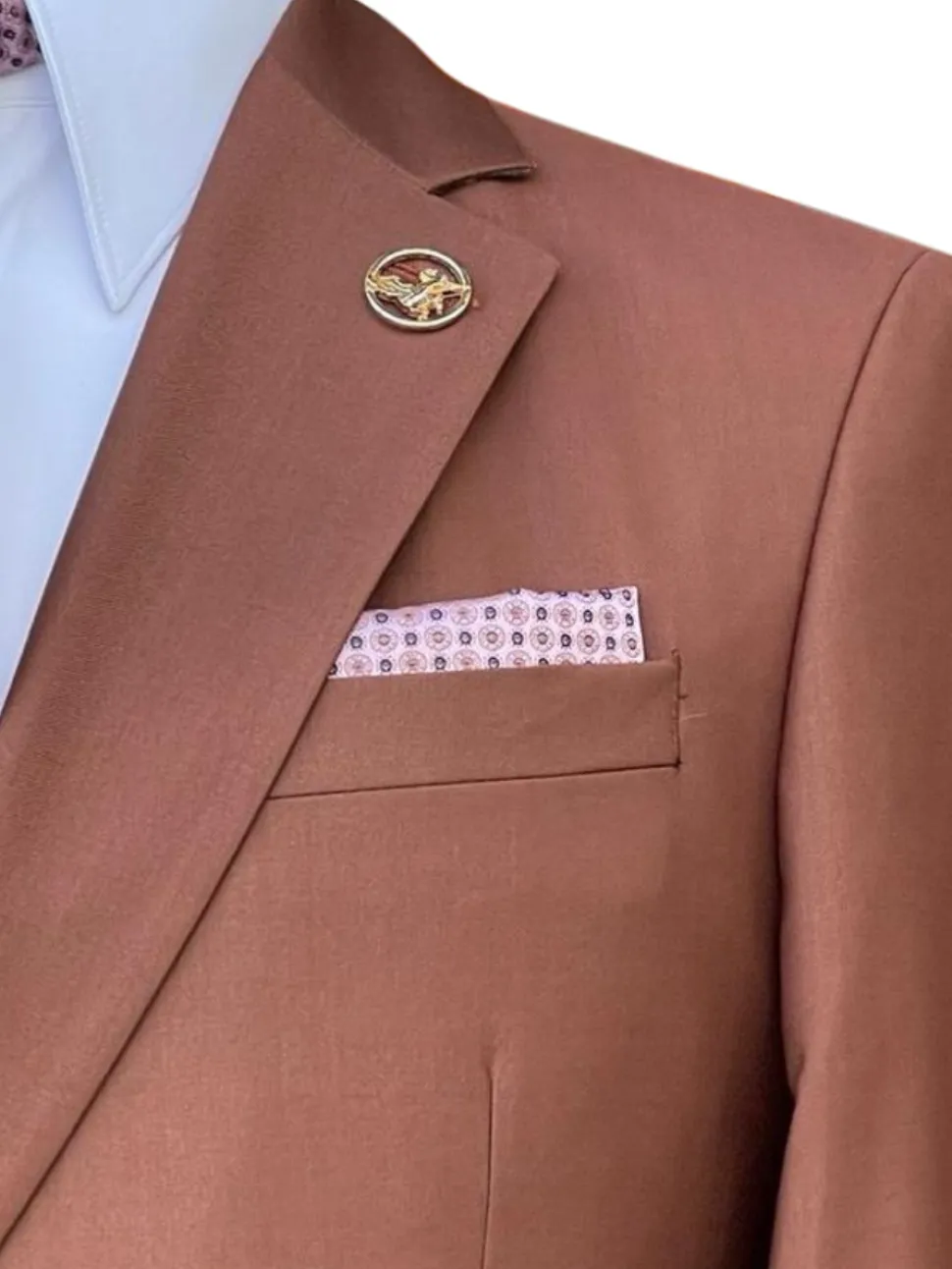 Pierre Carlos Solid Rust Slim Fit Double Breasted Stretch Suit with Buckle Closure