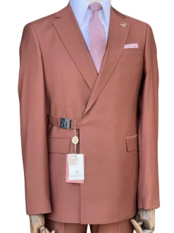 Pierre Carlos Solid Rust Slim Fit Double Breasted Stretch Suit with Buckle Closure