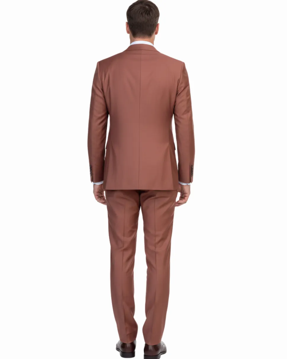 Pierre Carlos Solid Rust Slim Fit Double Breasted Stretch Suit with Buckle Closure