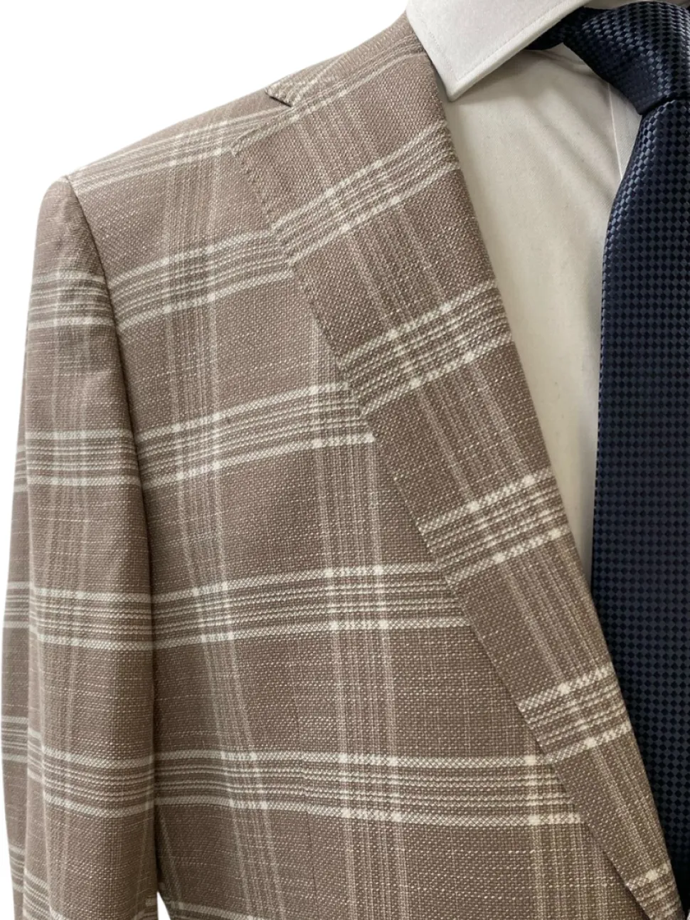 Private Label Mens Beige Windowpane Classic Fit Blazer Sportcoat