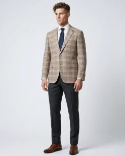 Private Label Mens Beige Windowpane Classic Fit Blazer Sportcoat
