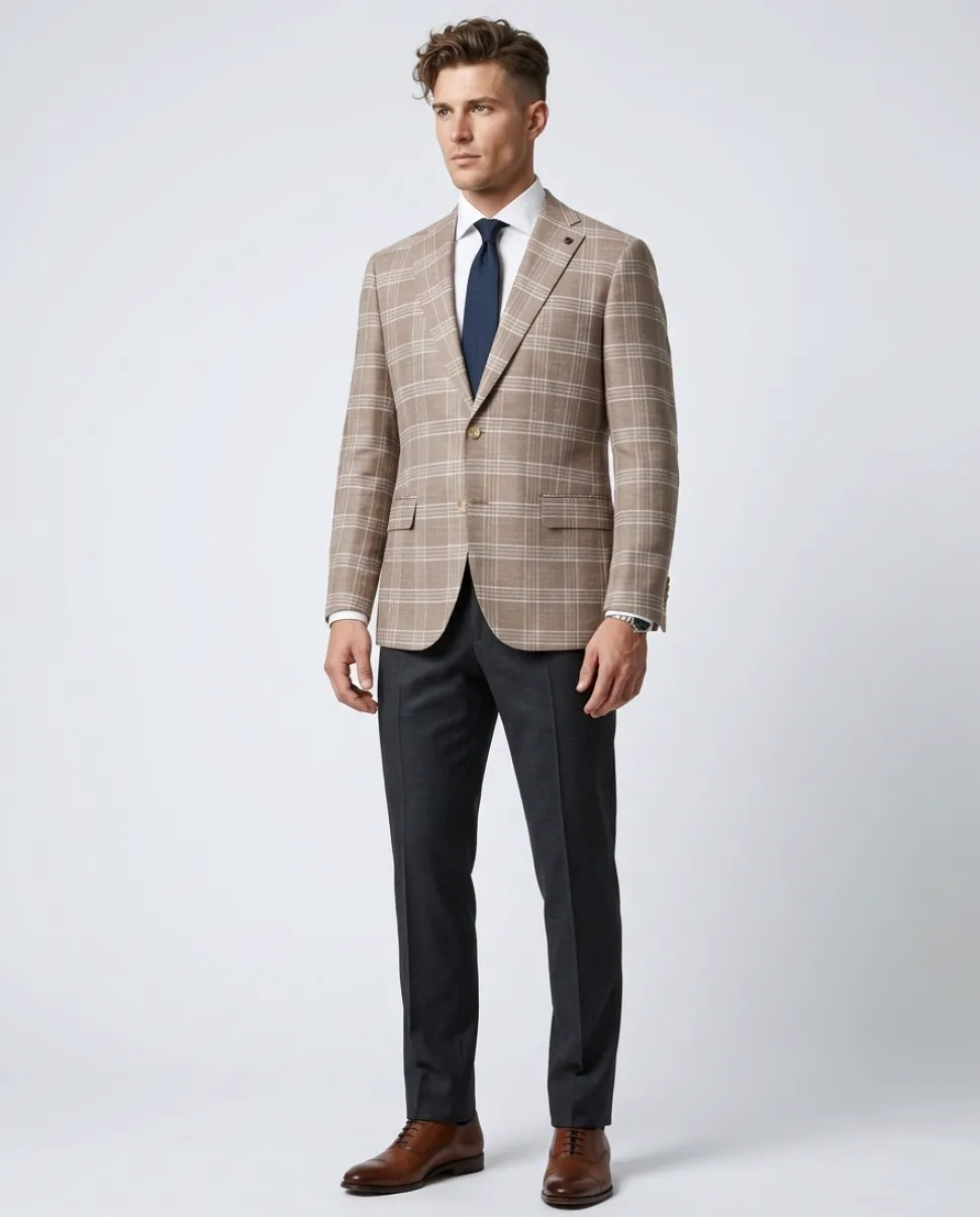 Private Label Mens Beige Windowpane Classic Fit Blazer Sportcoat