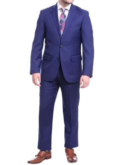 Private Label Slim Fit Solid Royal Blue Two Button Wool Suit With Pick Stitching