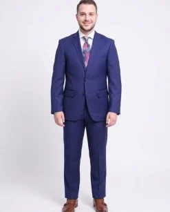 Private Label Slim Fit Solid Royal Blue Two Button Wool Suit With Pick Stitching