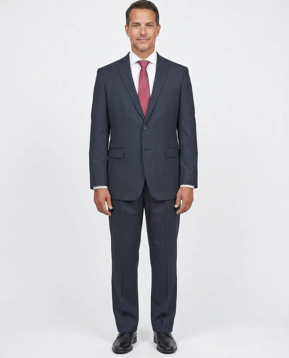 Private Label Solid Black Regular Fit 100% Wool 2 Piece Suit With Pleated Pants