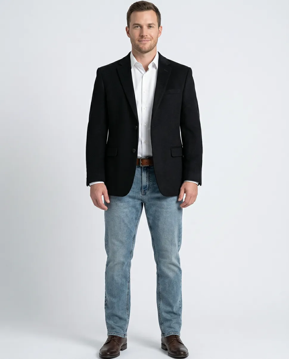 Prontomoda Classic Fit Solid Black Lambs Wool Cashmere Blend Blazer Sportcoat