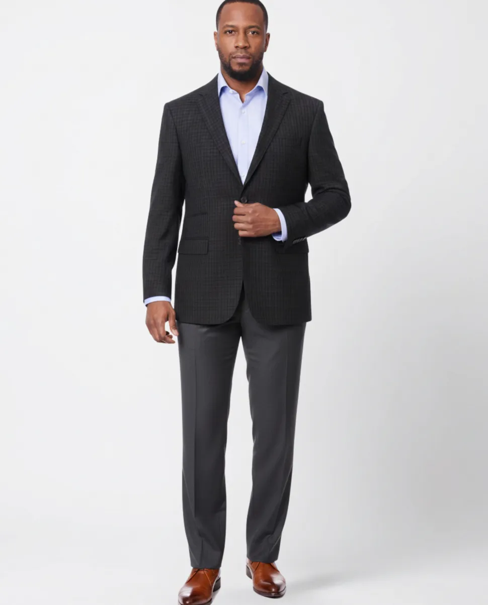 Prontomoda Mens Black& Blue Plaid 100% Wool Regular Fit Blazer Sport Coat