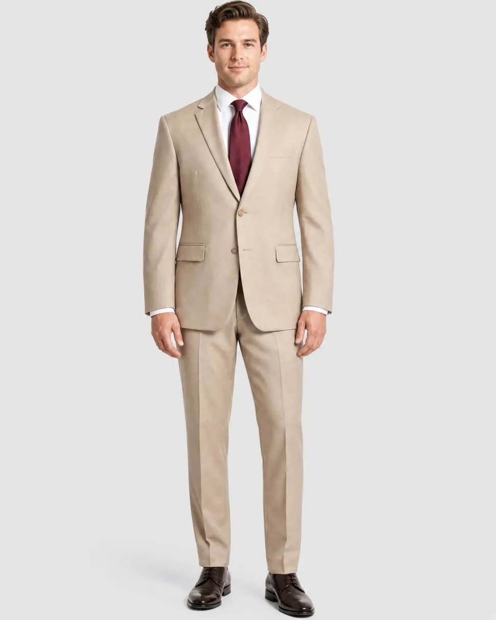 Prontomoda Tan Regular Fit Wool Notch Lapel 2 Button Suit