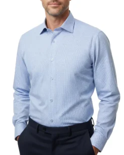 Proper Shirtings Cadet Blue Grid Windowpane Slim Fit Cotton Spread Collar Wrinkle Free Dress Shirt