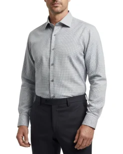 Proper Shirtings Gray Grid Windowpane Contemporary Fit Cotton Spread Collar Wrinkle Free Dress Shirt