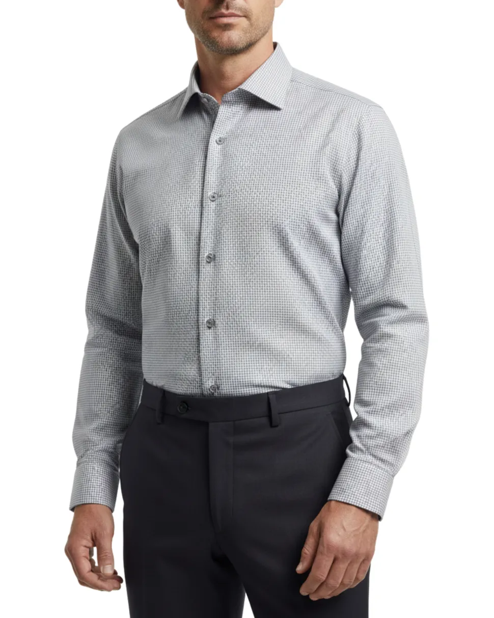 Proper Shirtings Gray Grid Windowpane Contemporary Fit Cotton Spread Collar Wrinkle Free Dress Shirt
