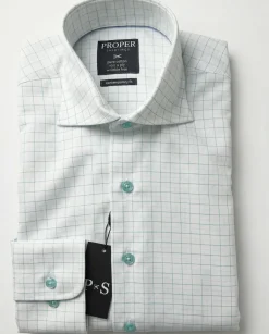 Proper Shirtings Grid Check White & Sage Contemporary Fit Spread Collar Wrinkle Free Cotton Dress Shirt