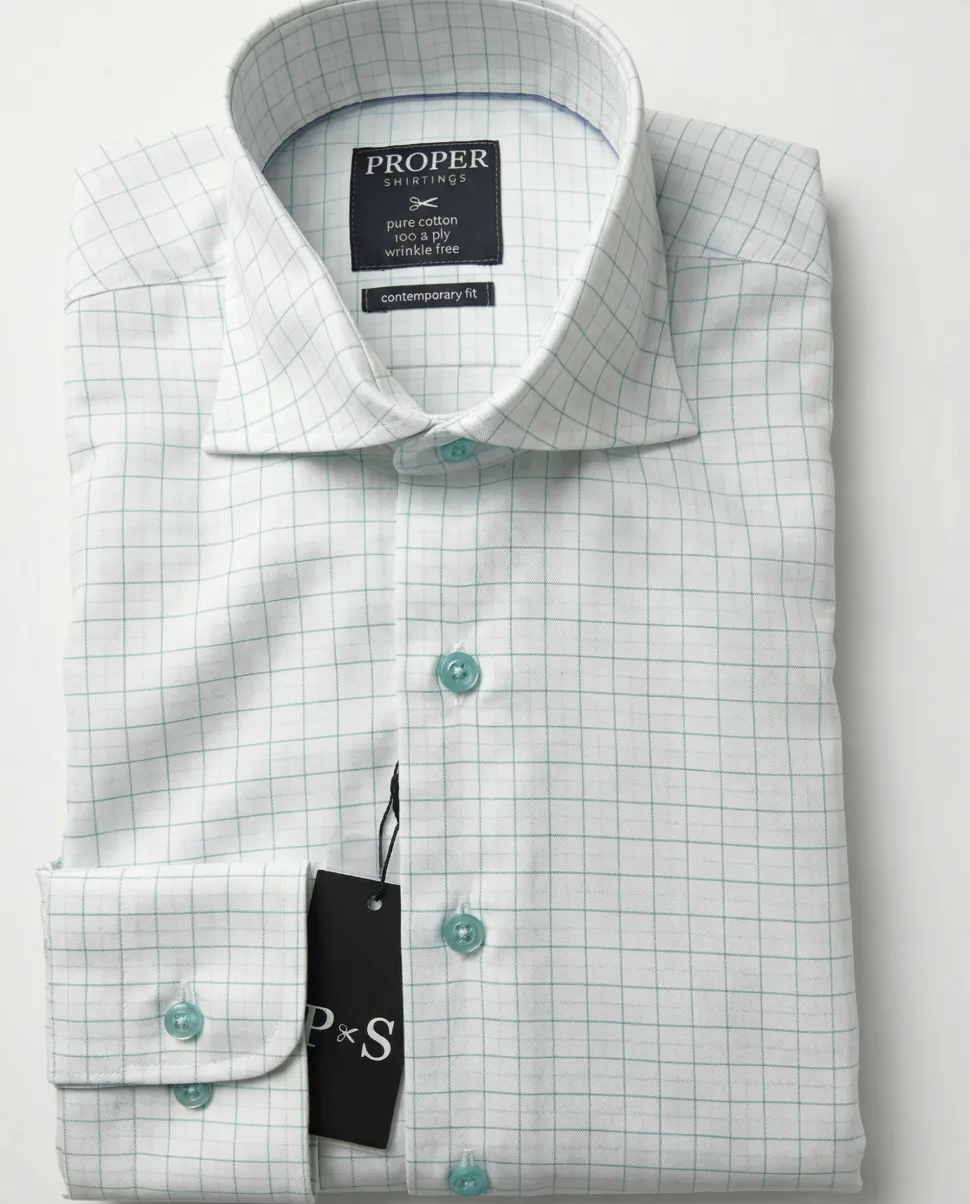 Proper Shirtings Grid Check White & Sage Contemporary Fit Spread Collar Wrinkle Free Cotton Dress Shirt