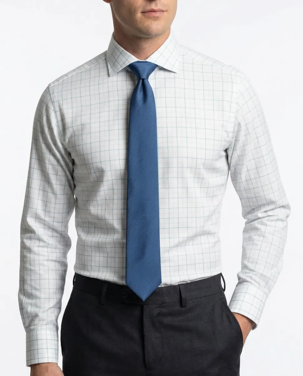 Proper Shirtings Grid Check White & Sage Contemporary Fit Spread Collar Wrinkle Free Cotton Dress Shirt