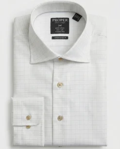 Proper Shirtings Grid Check White & Sand Contemporary Fit Spread Collar Wrinkle Free Cotton Dress Shirt