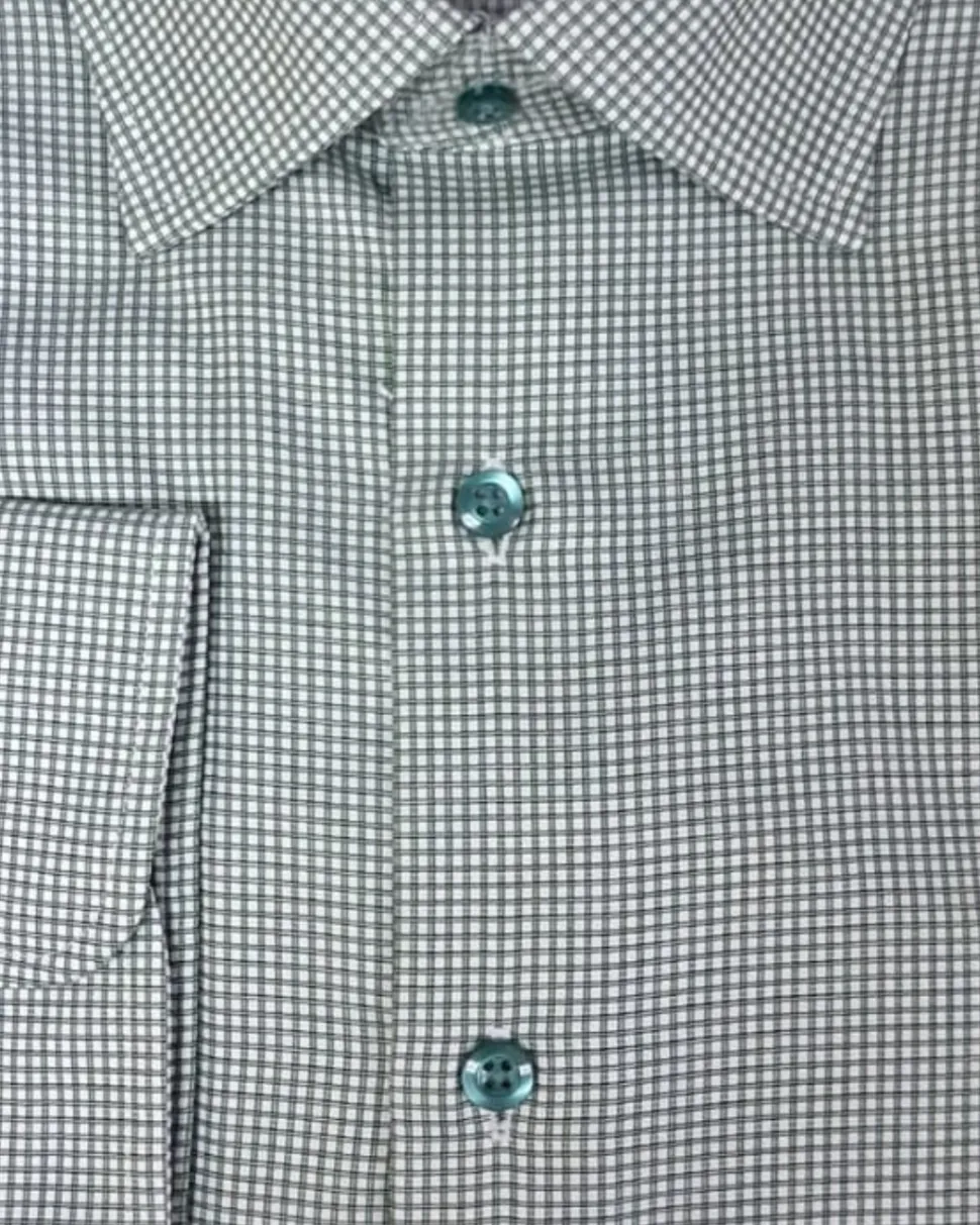 Proper Shirtings Hunter Green Grid Windowpane Contemporary Fit Cotton Spread Collar Wrinkle Free Dress Shirt