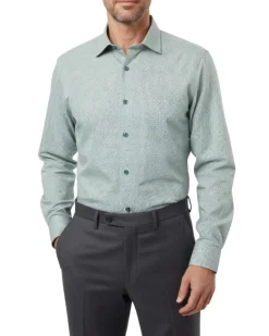 Proper Shirtings Hunter Green Grid Windowpane Slim Fit Cotton Spread Collar Wrinkle Free Dress Shirt