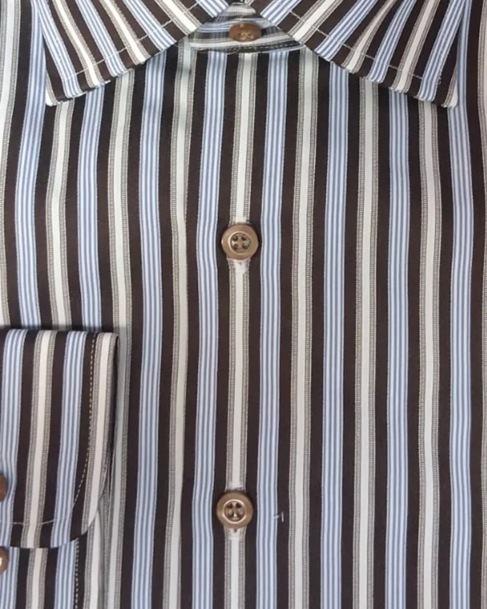Proper Shirtings Stripe Brown and Blue Contemporary Fit Cotton Spread Collar Wrinkle Free Dress Shirt