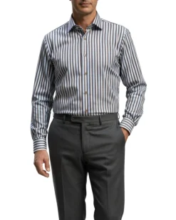 Proper Shirtings Stripe Brown and Blue Contemporary Fit Cotton Spread Collar Wrinkle Free Dress Shirt