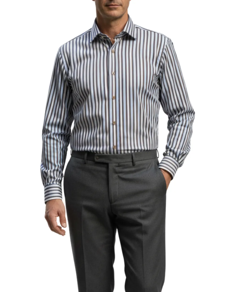 Proper Shirtings Stripe Brown and Blue Contemporary Fit Cotton Spread Collar Wrinkle Free Dress Shirt