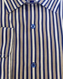 Proper Shirtings Stripe French Blue and Brown Contemporary Fit Cotton Spread Collar Wrinkle Free Dress Shirt
