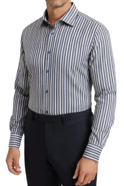 Proper Shirtings Stripe French Blue and Brown Contemporary Fit Cotton Spread Collar Wrinkle Free Dress Shirt