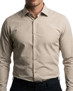 Proper Shirtings Tan Grid Windowpane Contemporary Fit Cotton Spread Collar Wrinkle Free Dress Shirt