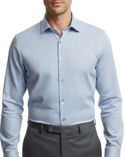 Proper Sport Blue Geometric Print Contemporary Fit Spread Collar Stretch Wrinkle Resistant Dress Shirt