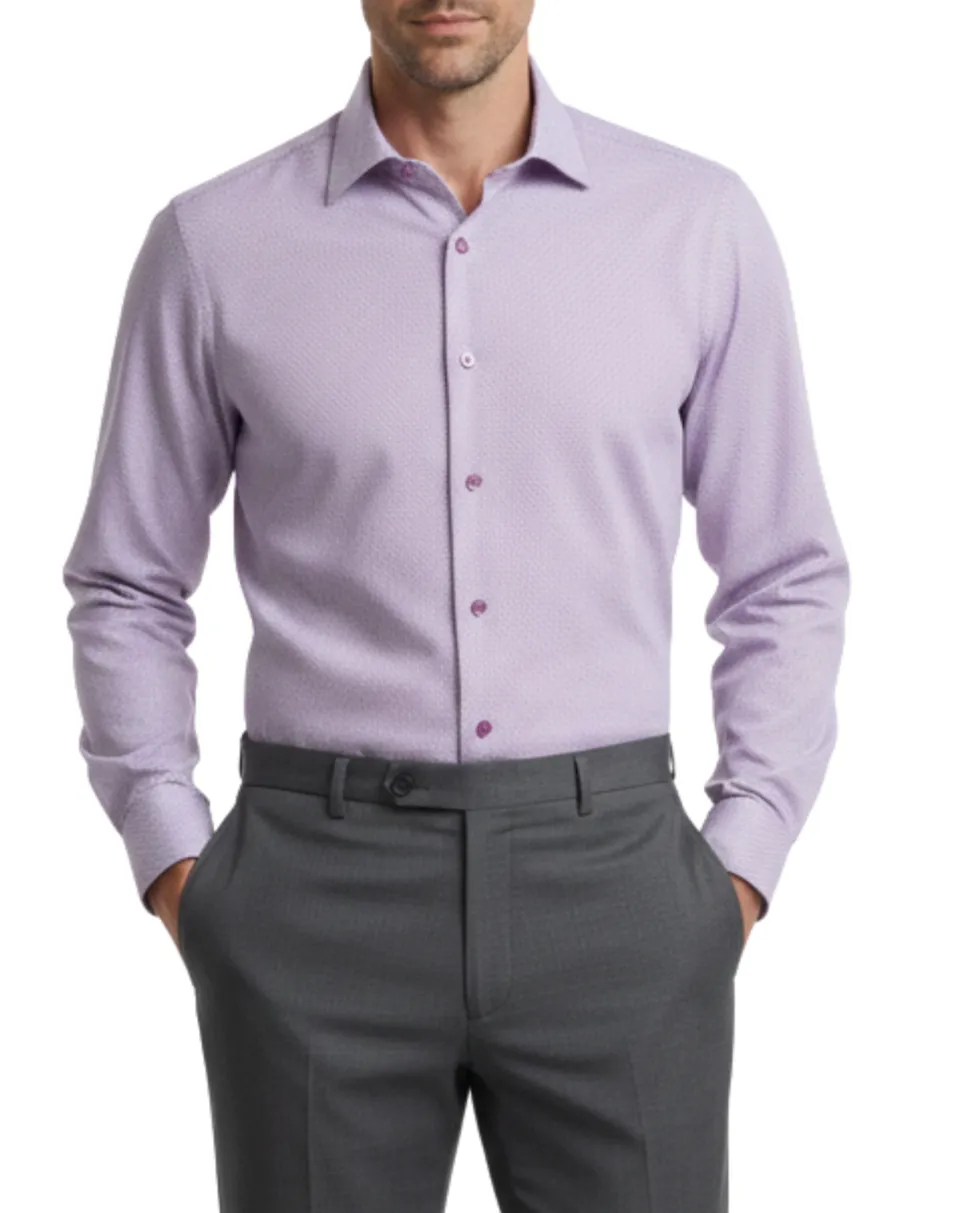 Proper Sport Purple Micro Grid Contemporary Fit Spread Collar Stretch Wrinkle Resistant Dress Shirt