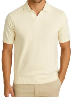 P.S. Shirts Ecru Cotton Silk Blend Short Sleeve Johnny Collar Polo Casual Shirt