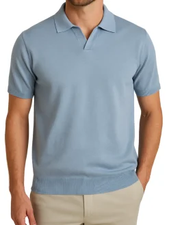 P.S. Shirts Light Blue Cotton Silk Blend Short Sleeve Johnny Collar Polo Casual Shirt