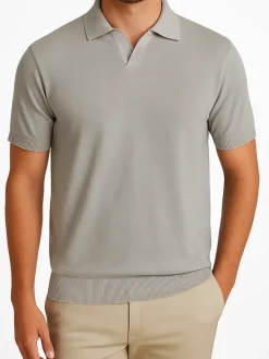 P.S. Shirts Silver Cotton Silk Blend Short Sleeve Johnny Collar Polo Casual Shirt