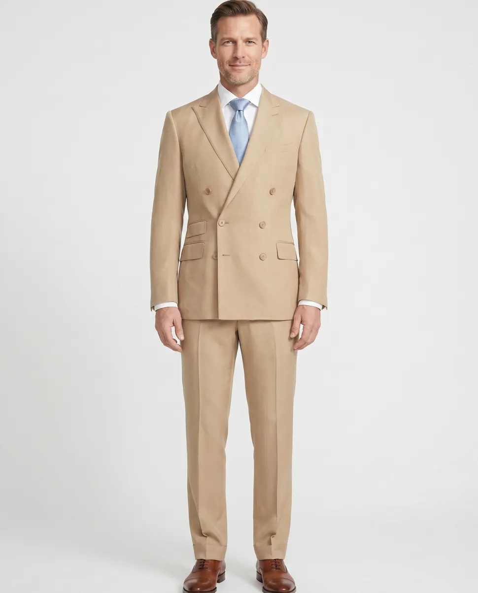 Ralph Lauren Purple Label Mens 38L Tan 100% Silk Double Breasted 2 Piece Suit