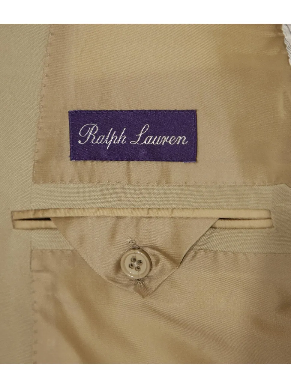Ralph Lauren Purple Label Mens 38L Tan 100% Silk Double Breasted 2 Piece Suit