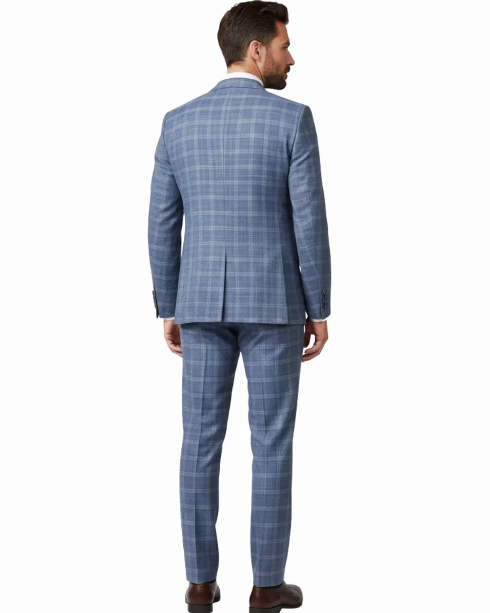 Raphael Blue Checked Slim Fit Stretch Notch Lapel Two Button Suit