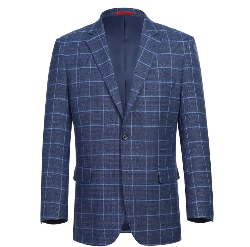 Raphael Blue Windowpane Classic Fit Notch Lapel Stretch Two Button Blazer