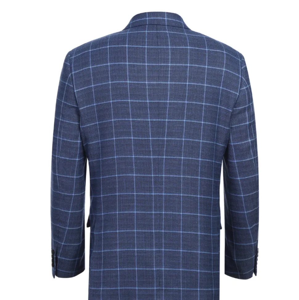 Raphael Blue Windowpane Classic Fit Notch Lapel Stretch Two Button Blazer