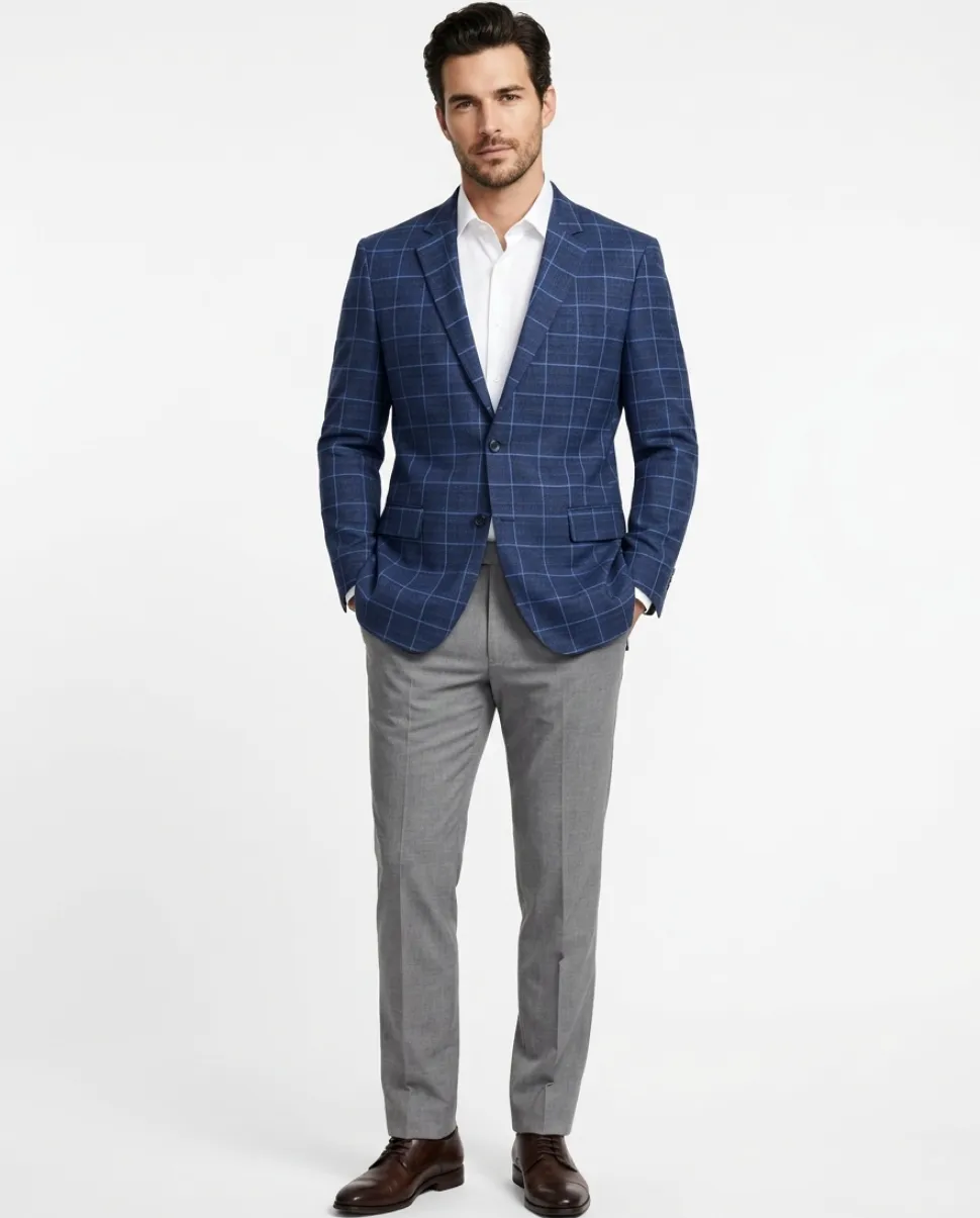 Raphael Blue Windowpane Classic Fit Notch Lapel Stretch Two Button Blazer