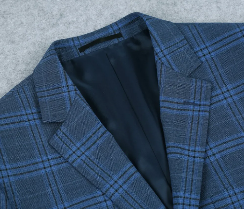 Raphael Blue Windowpane Slim Fit Notch Lapel Stretch Two Button Suit